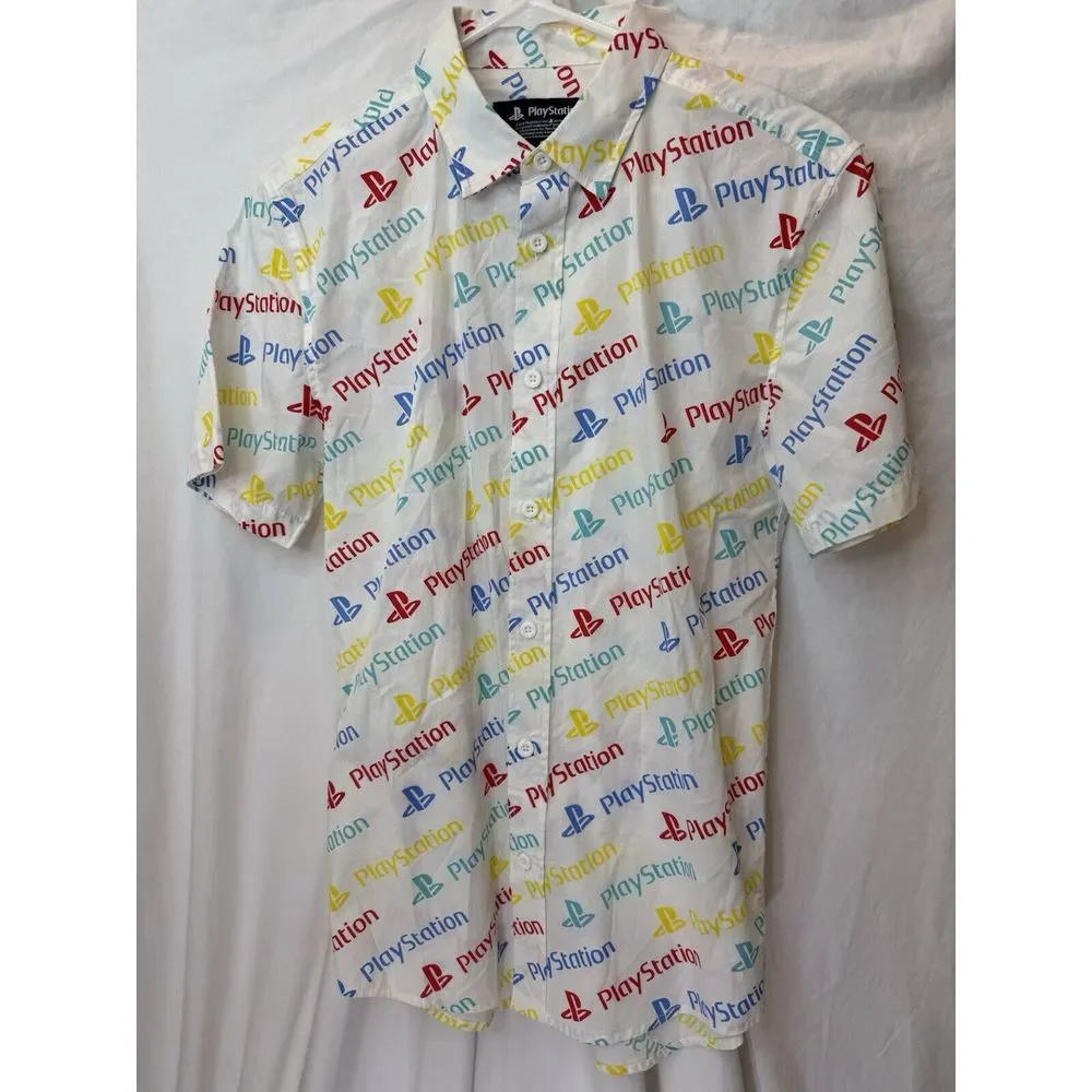 PlayStation PS Logo Sony Button Up Front Cotton Short Sleeve White Shirt ‎ Small